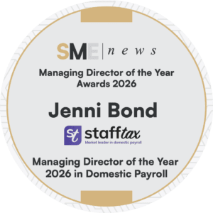 Jenni Bond Wins Managing Director of the Year 2026 Circular award badge from SME News announcing Jenni Bond of Stafftax as the winner of the Managing Director of the Year Award 2026 in the Domestic Payroll category.